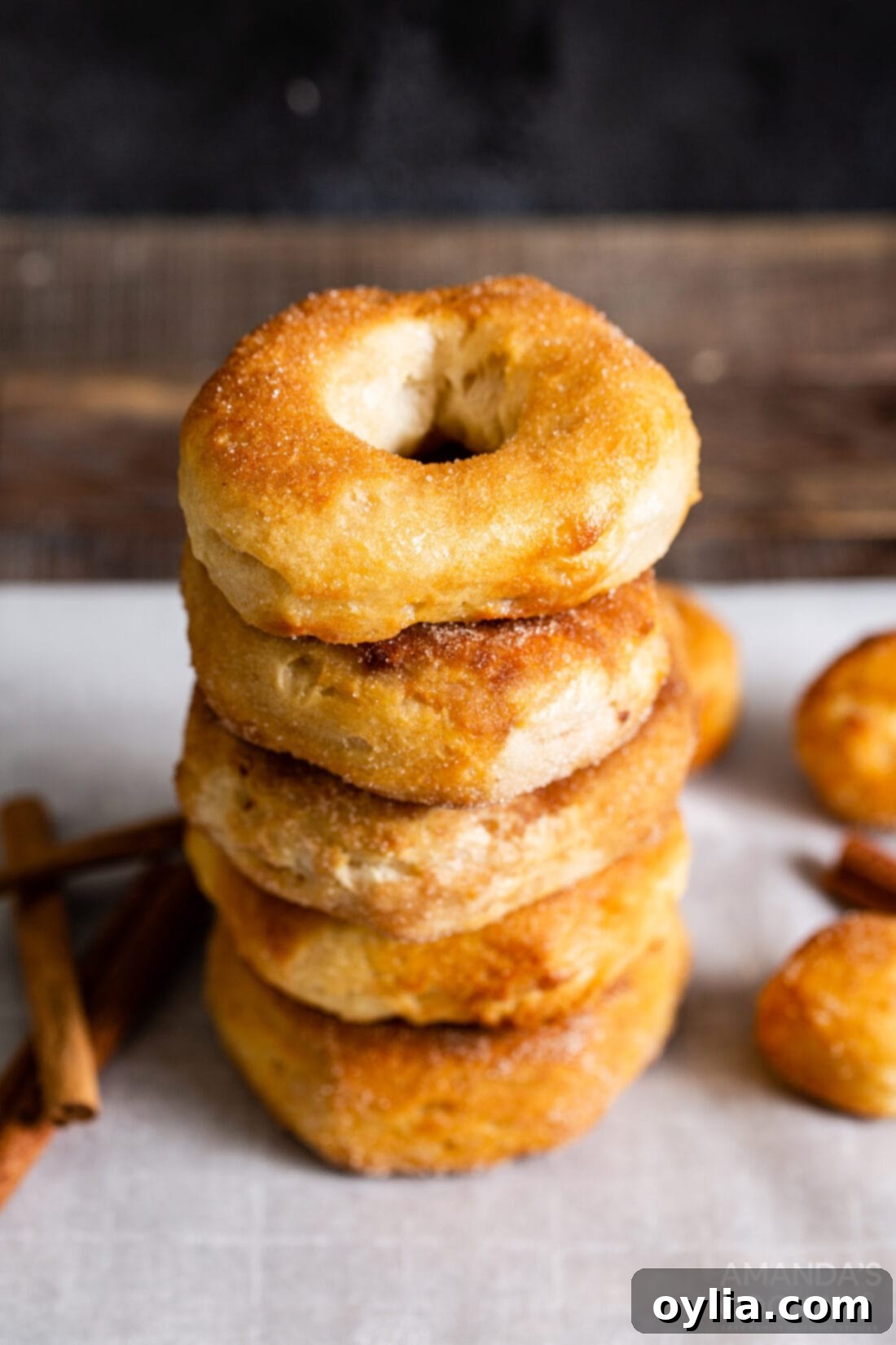 stack of cinnamon sugar air fryer donuts