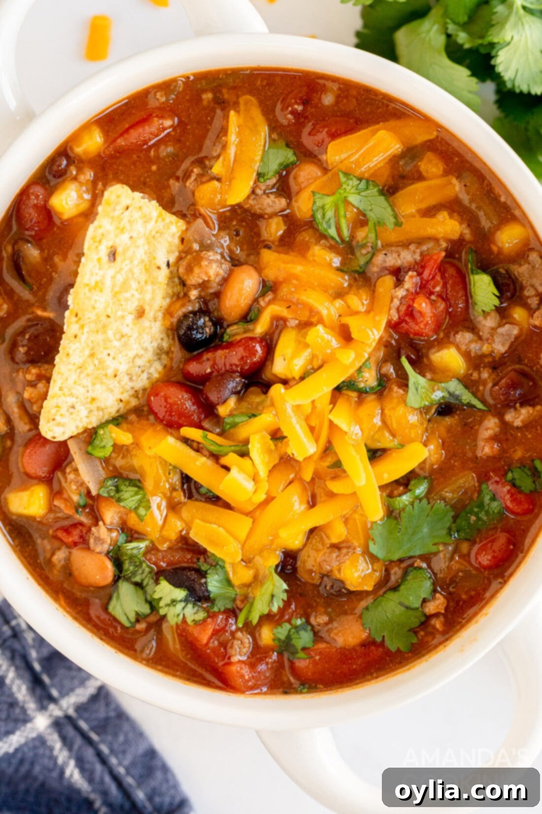 Ultimate Taco Soup 3 Close-up of a single bowl of rich, vibrant taco soup, garnished with fresh cilantro and a dollop of sour cream.