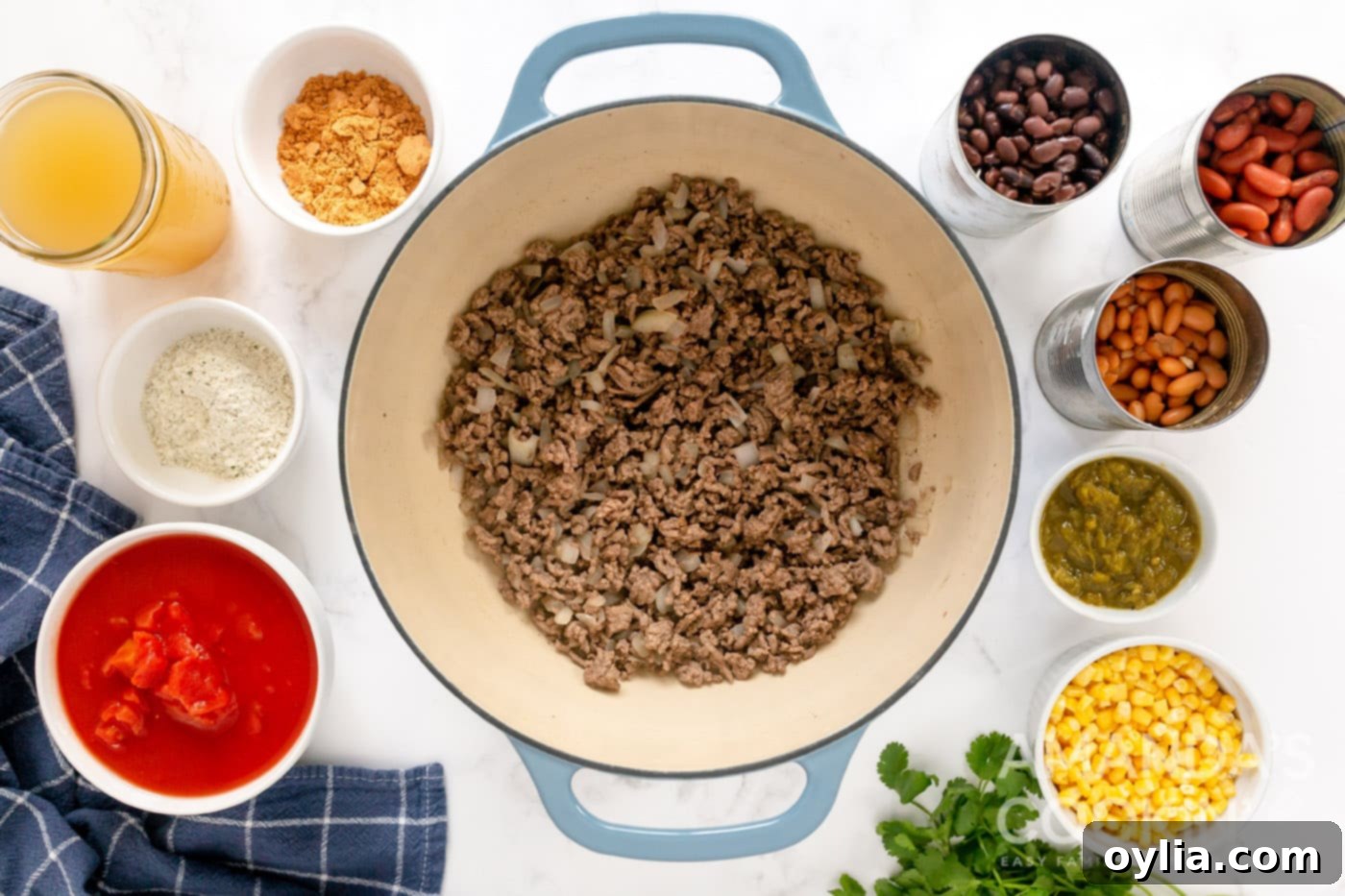 The browned ground beef and softened onions, with excess fat drained, ready for the next ingredients in the Dutch oven.