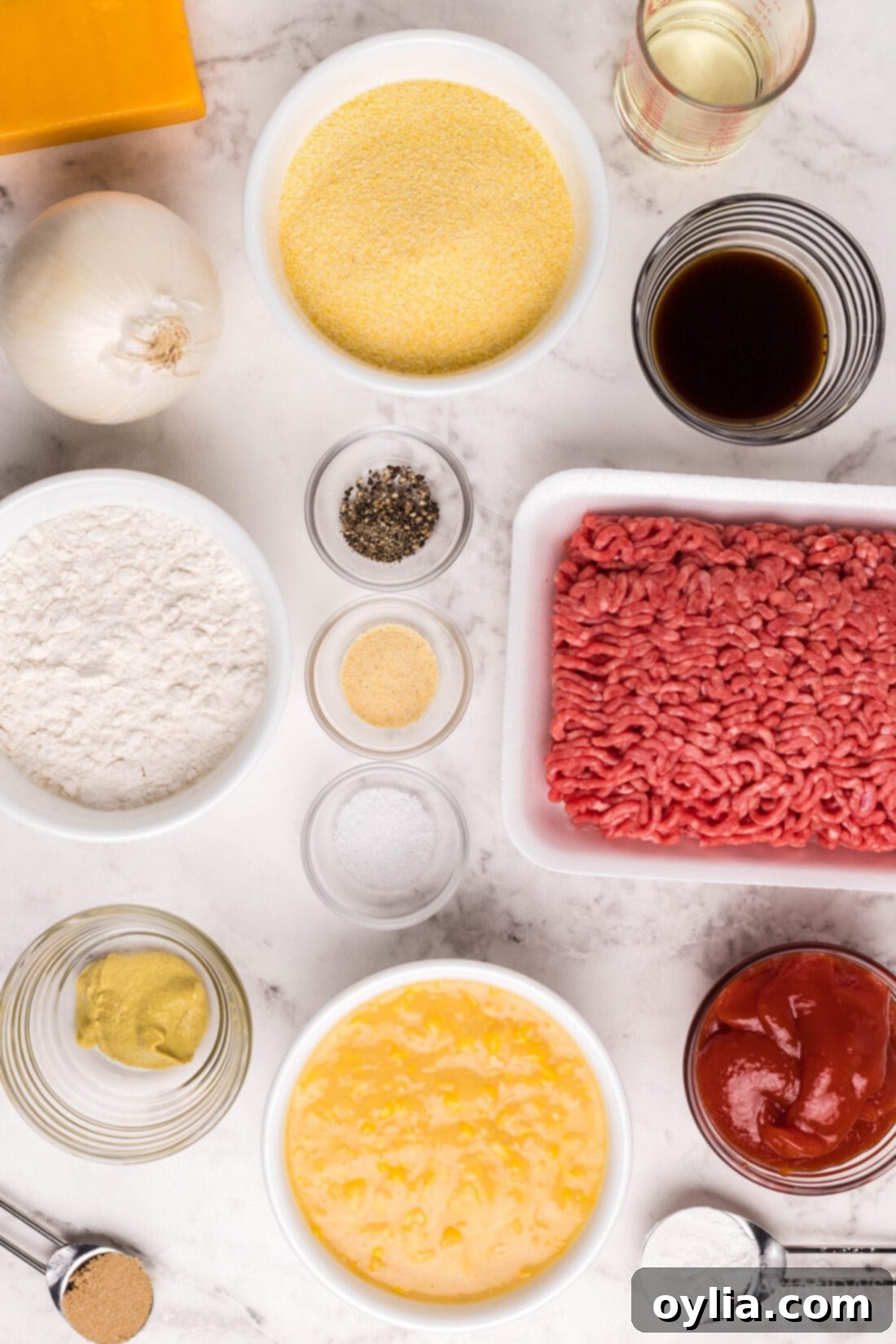 Ingredients laid out for making Sloppy Joe Corn Muffins.