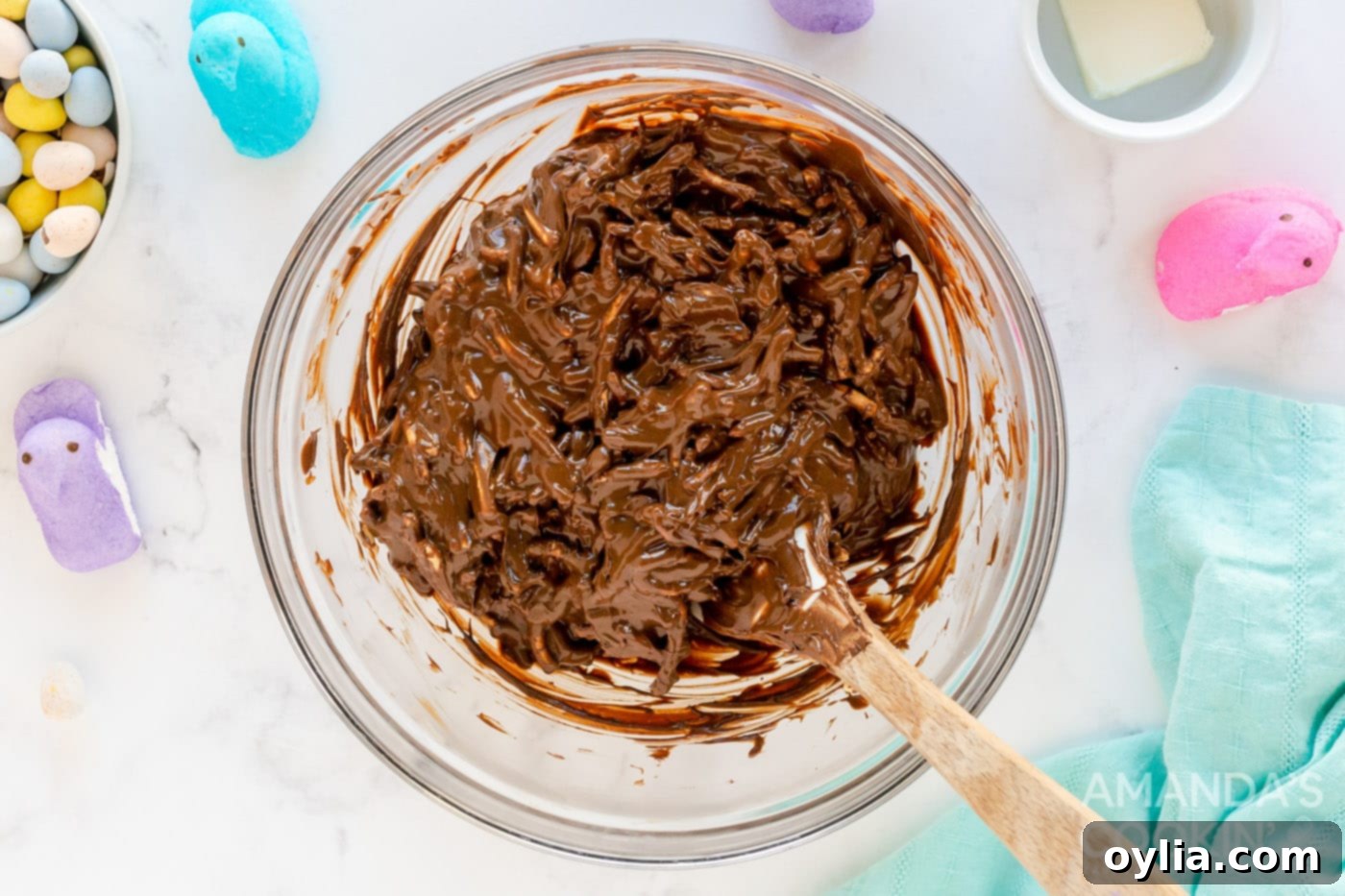 Chow mein noodles mixed with chocolate and peanut butter in a bowl