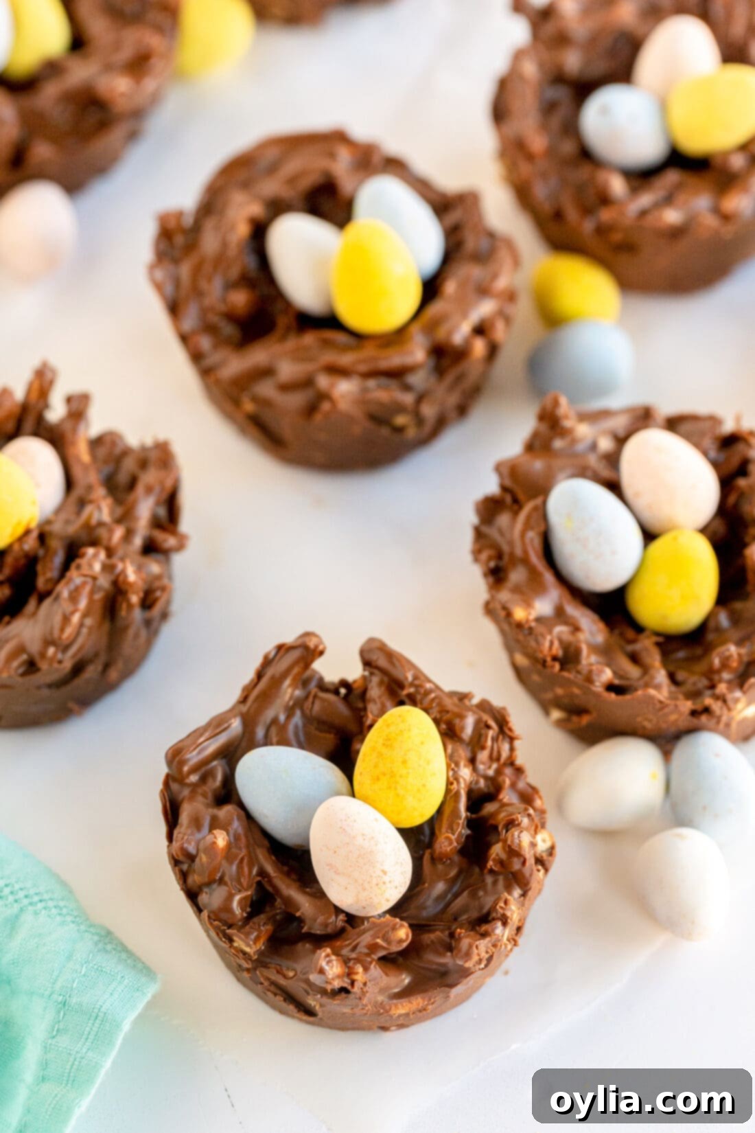 Beautifully arranged no-bake bird nest cookies for Easter dessert