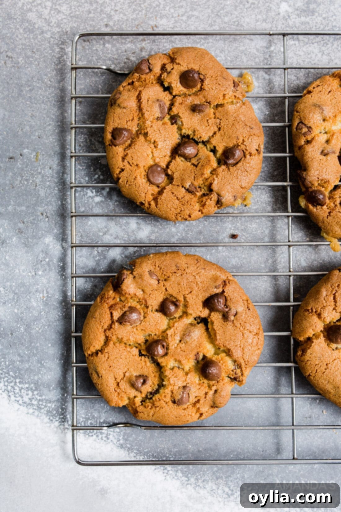 Freshly baked air fryer chocolate chip cookies on a wire cooling rack, showcasing their golden brown edges and gooey centers.