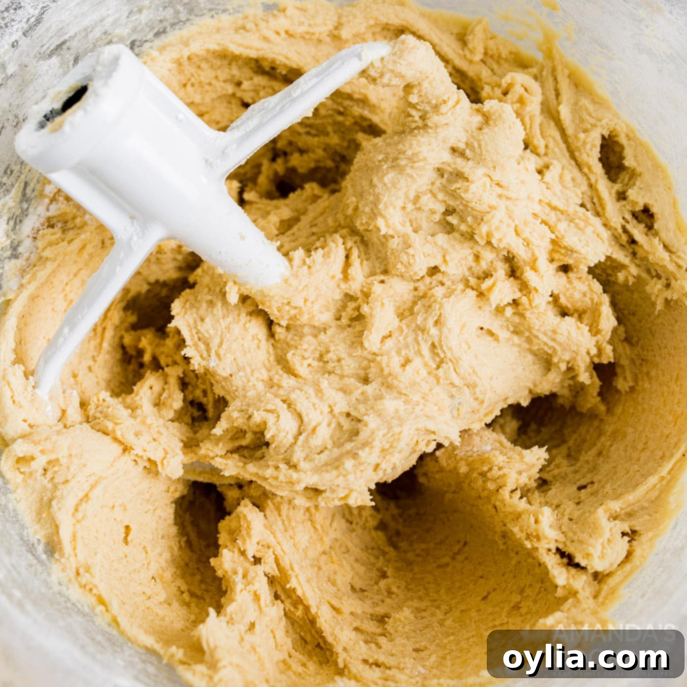 Cookie dough in a mixer bowl with a paddle attachment after dry ingredients have been incorporated.