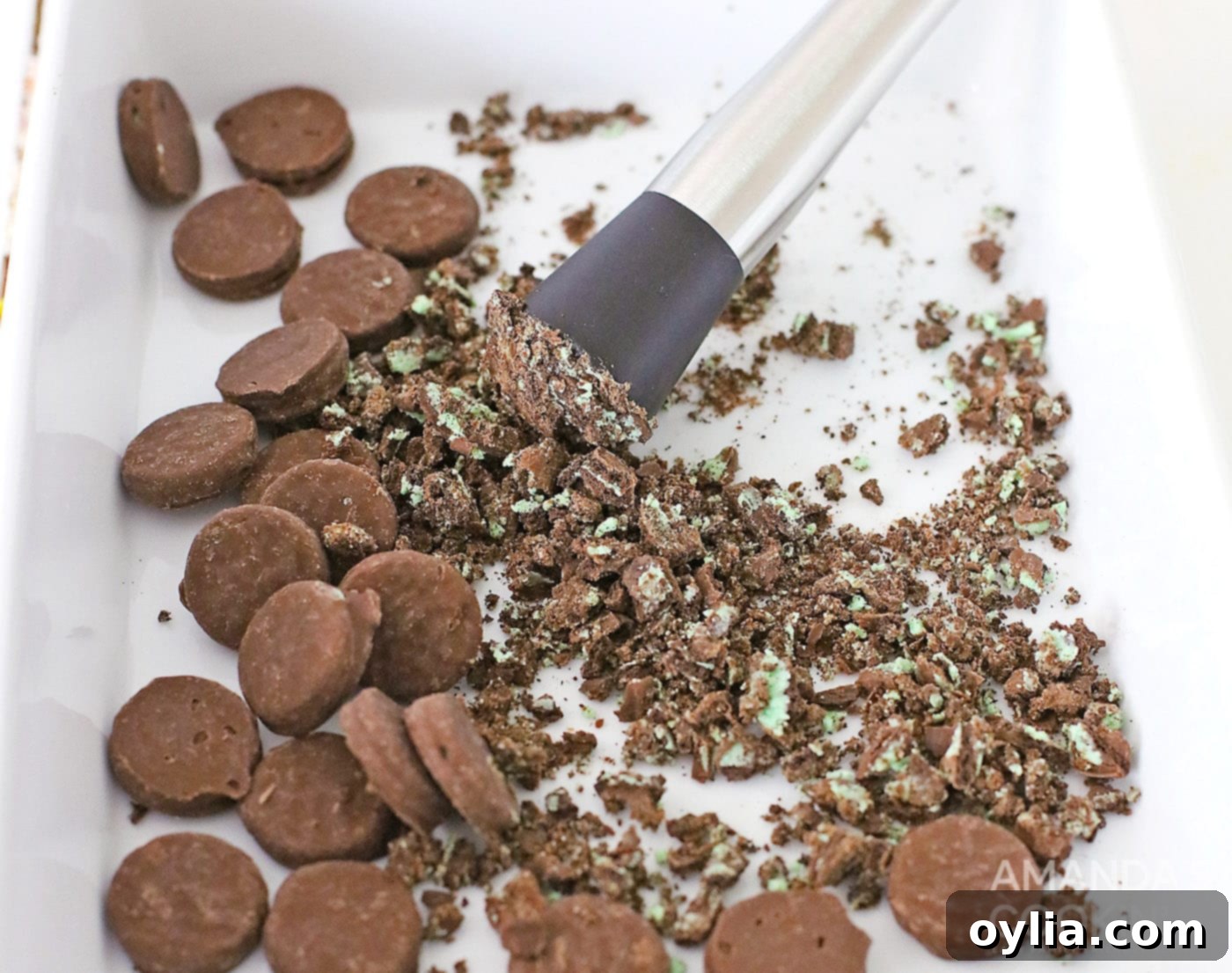 Image showing crushed Oreo Thin Mint cookies in a dish, ready for rimming.