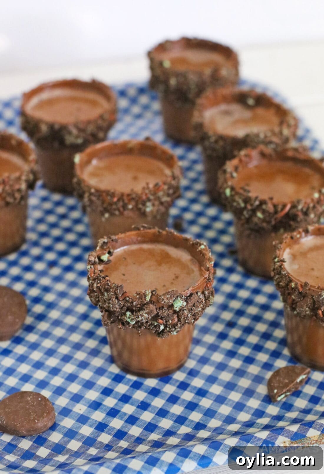 A tray filled with multiple Oreo Thin Mint Shooters, ready to be served at a party.