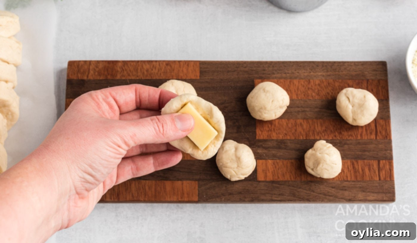 A hand gently pushing a piece of cheese into a flattened biscuit dough ball before sealing it.