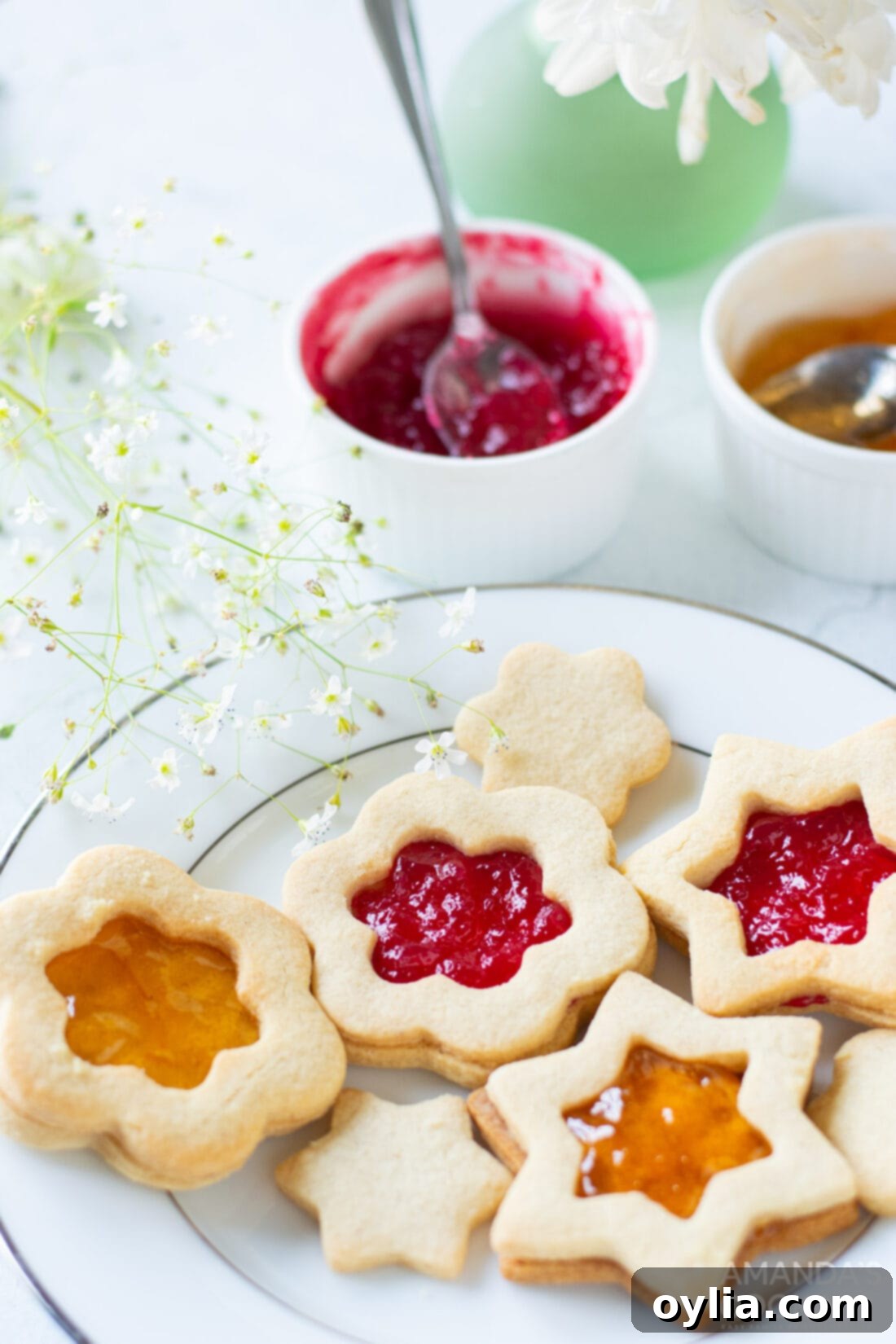 Festive Linzer Sandwich Cookies 2 A beautiful plate of freshly baked Linzer Cookies, artfully arranged, dusted with powdered sugar and filled with vibrant red raspberry jam, ready to be enjoyed.