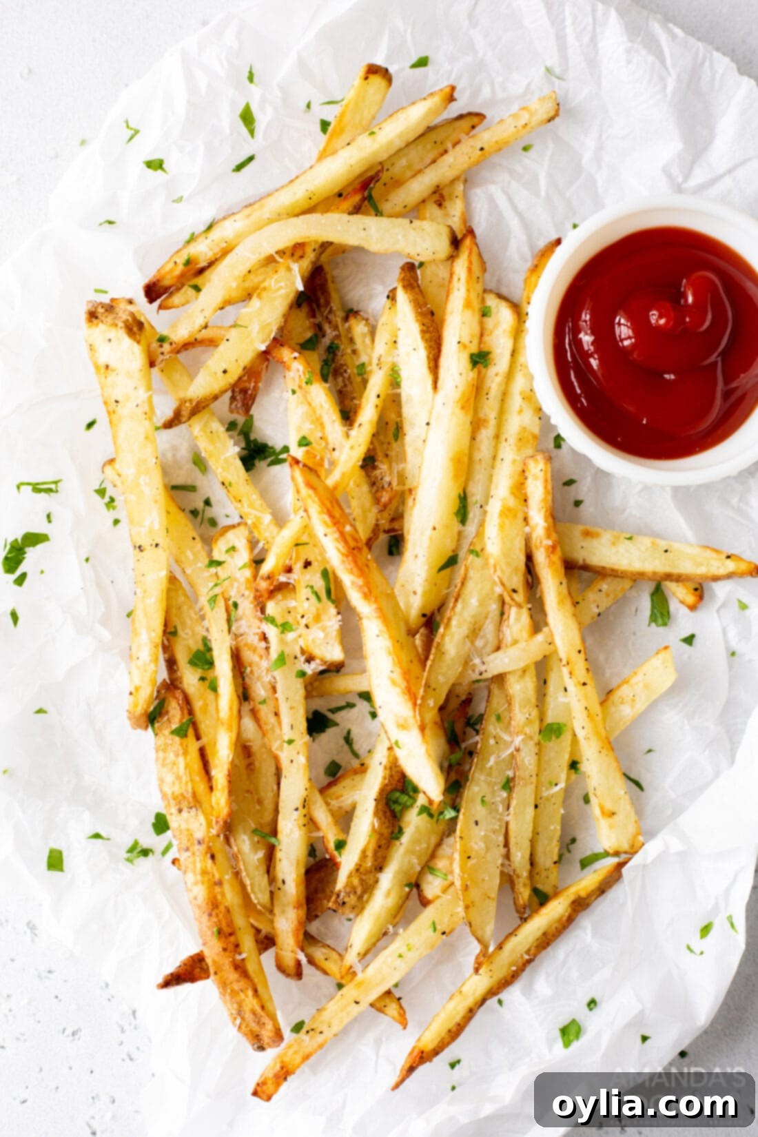 Golden Crispy Air Fryer Fries 2 air fryer french fries on a plate with ketchup