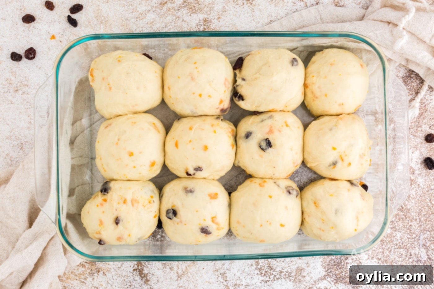 Dough balls after doubling in size in the baking dish for the second rise