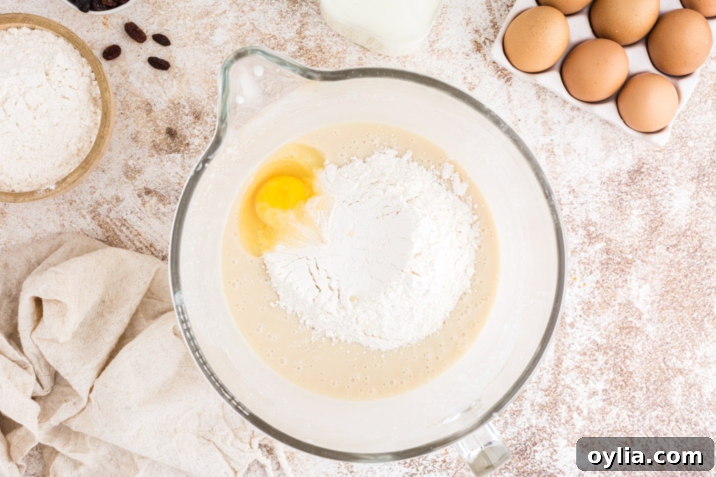 Egg and two cups of flour added to the mixer bowl