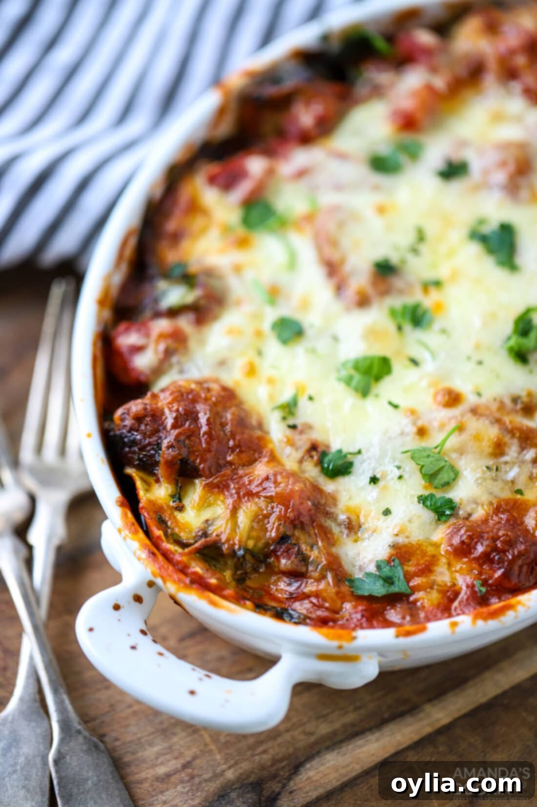 Ravioli Lasagna, ready to serve in a casserole dish.