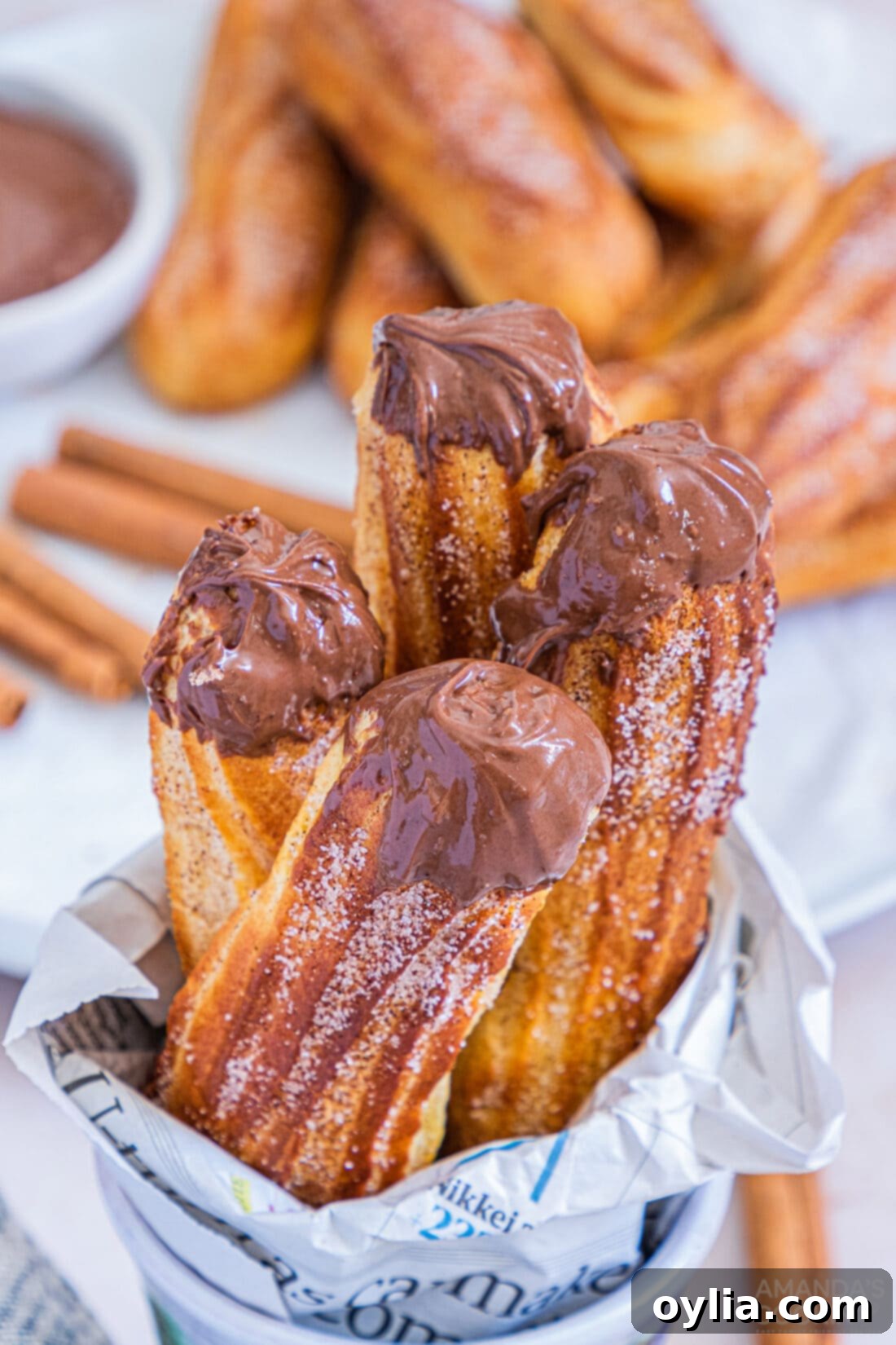 Crispy Air Fryer Churros 2 Air fryer churros in a cup with rich chocolate Nutella sauce, perfectly golden brown and ready to be enjoyed.