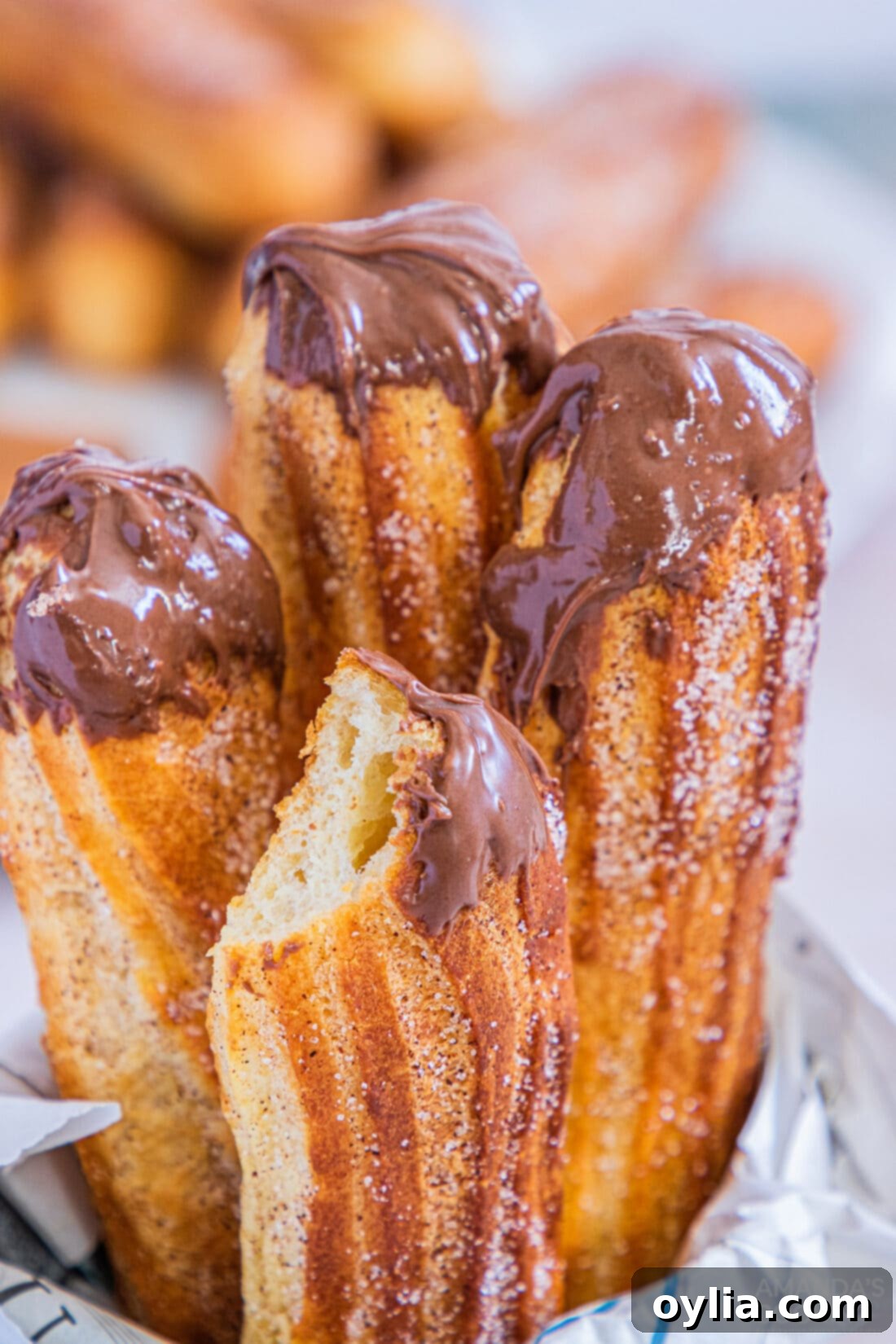 Crispy Air Fryer Churros 13 Air Fryer Churros with Nutella dipping sauce, one churro has a bite taken out, showing the tender interior.