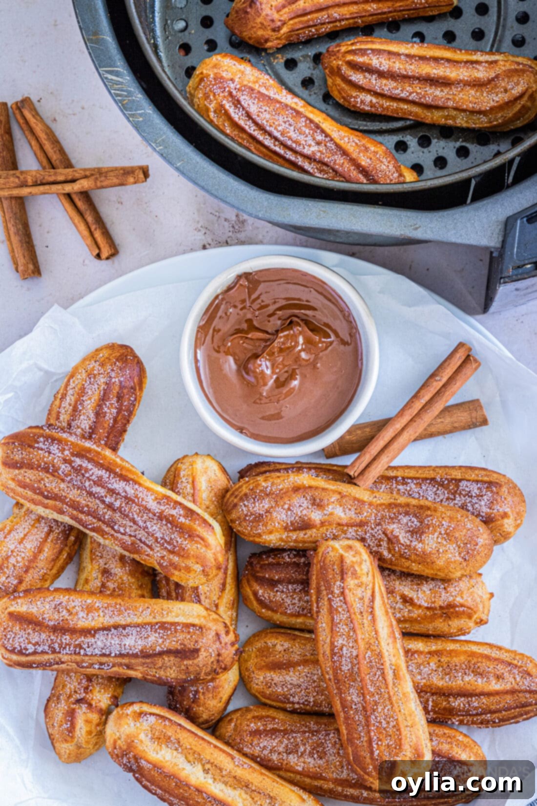 Crispy Air Fryer Churros 3 A plate of golden brown Air Fryer Churros next to an air fryer basket filled with more fresh churros.