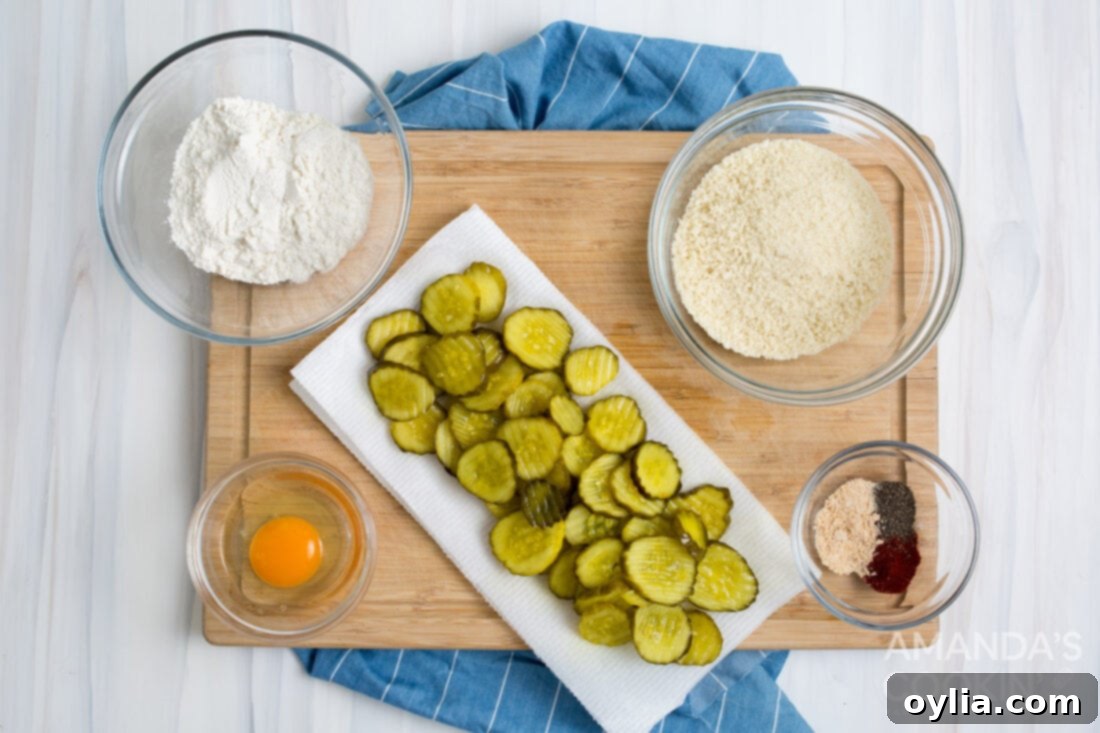 A selection of ingredients for making air fryer fried pickles: pickles, flour, panko breadcrumbs, egg, garlic salt, black pepper, and smoked paprika.