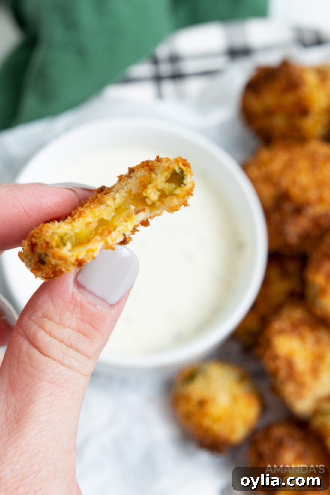 A delicious air fryer fried pickle with a bite taken out, showing the crispy coating and tender pickle inside.