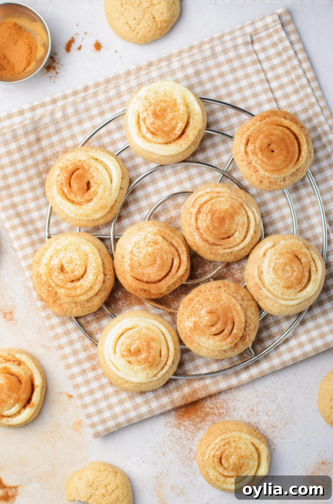 cinnamon roll cookies on a cooling rack