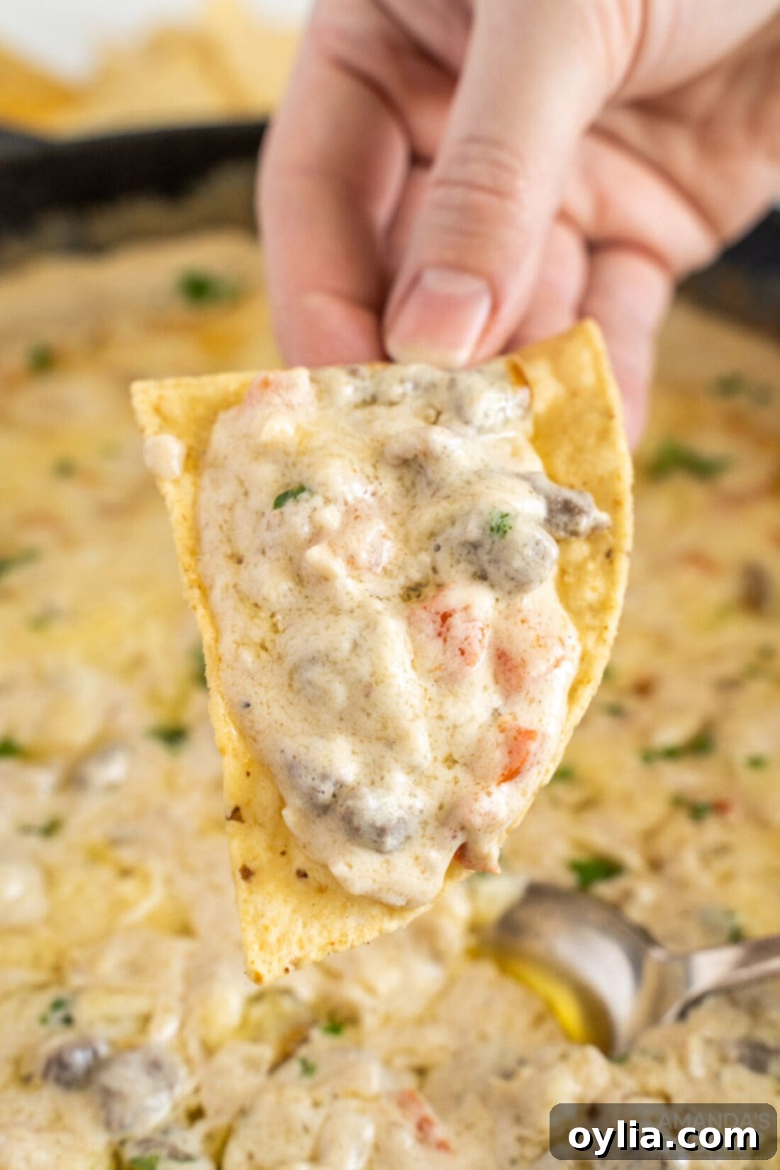 lifting Philly Cheesesteak Dip with a tortilla chip