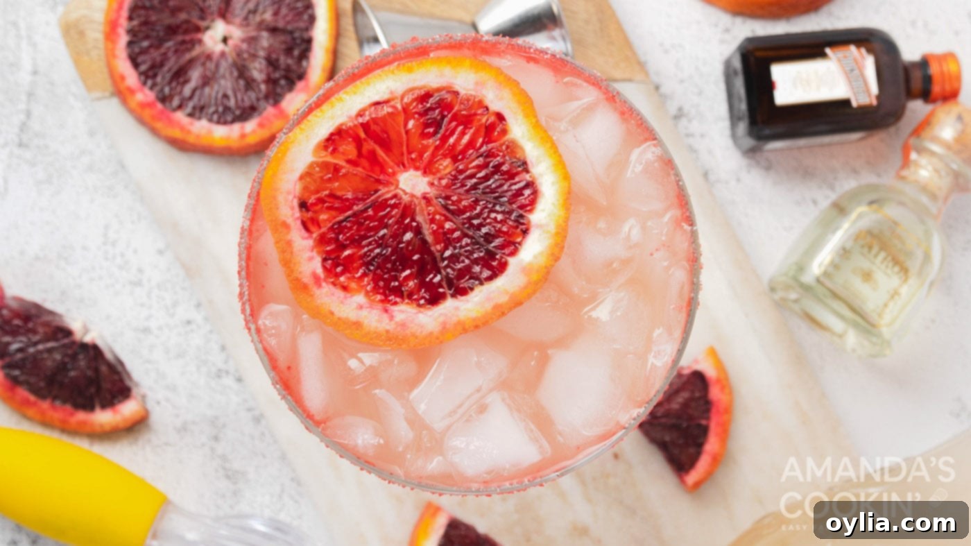 Finished Blood Orange Margarita in a glass, garnished with a blood orange slice.
