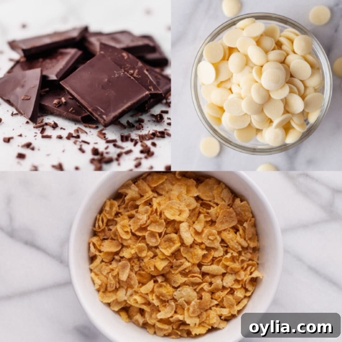 Essential ingredients for no-bake cornflake cookies: cornflakes in a bowl and various types of chocolate chips.