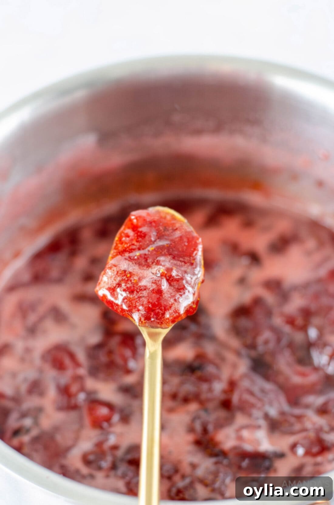 Spoonful of Strawberry Jam held above a pot of Strawberry Jam, showing the texture during cooking.