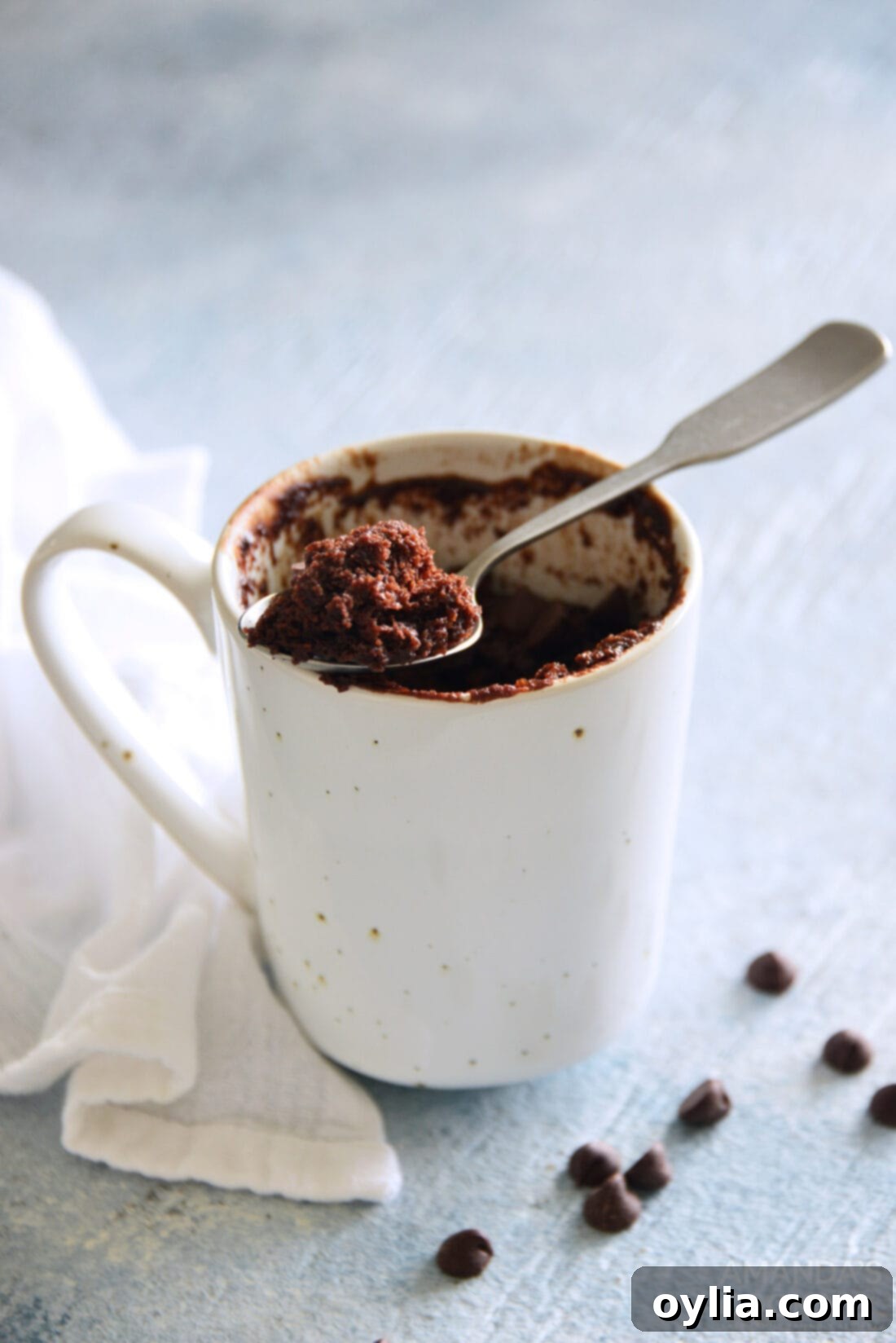 Fudgy chocolate mug cake in a mug, ready to be eaten.