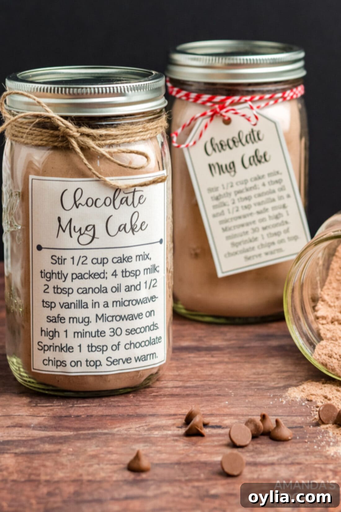 Chocolate mug cake in a jar, decorated with free printable labels and tags.