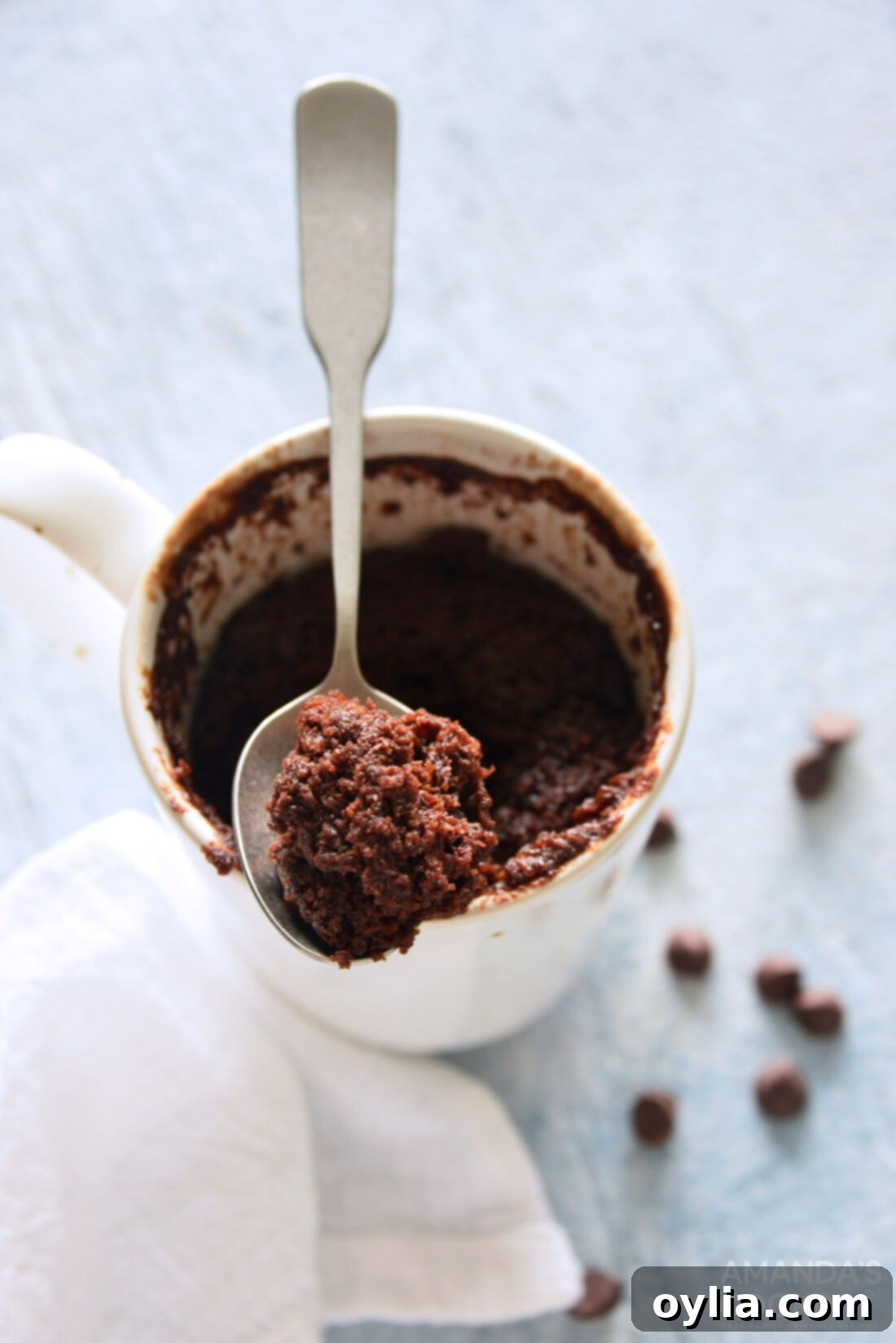 Spoon taking a bite out of a chocolate mug cake, showing its moist interior.