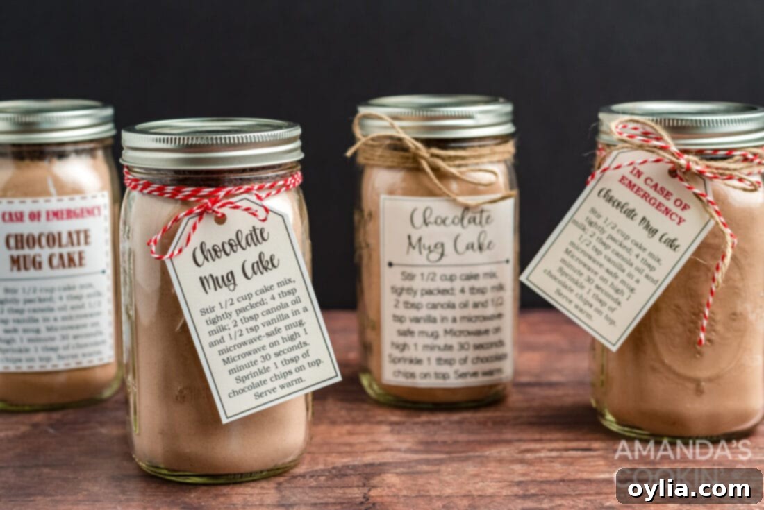 Chocolate mug cake in a jar with labels and tags, perfect for gifting.