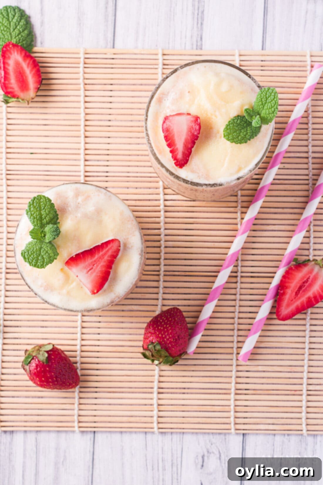 overhead photo of Strawberry Banana Fizzy Float with spoon