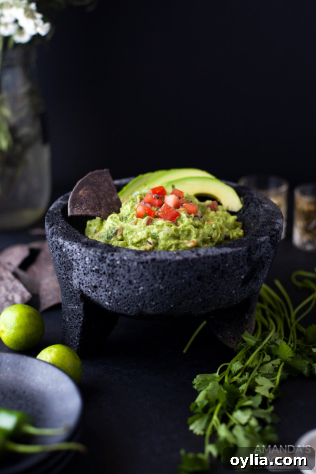 Homemade Guacamole 3 Guacamole served in a traditional molcajete with fresh ingredients on the side