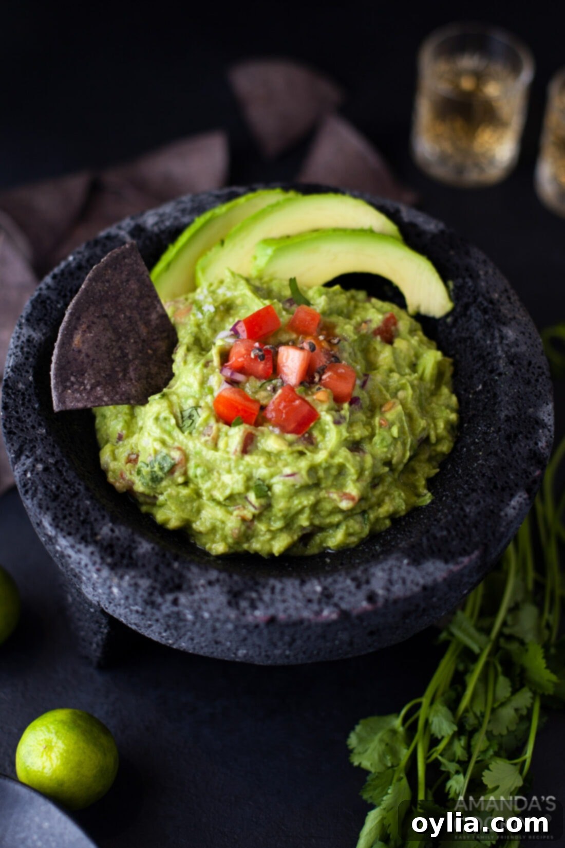 Homemade Guacamole 9 Close-up of a serving of guacamole in a molcajete