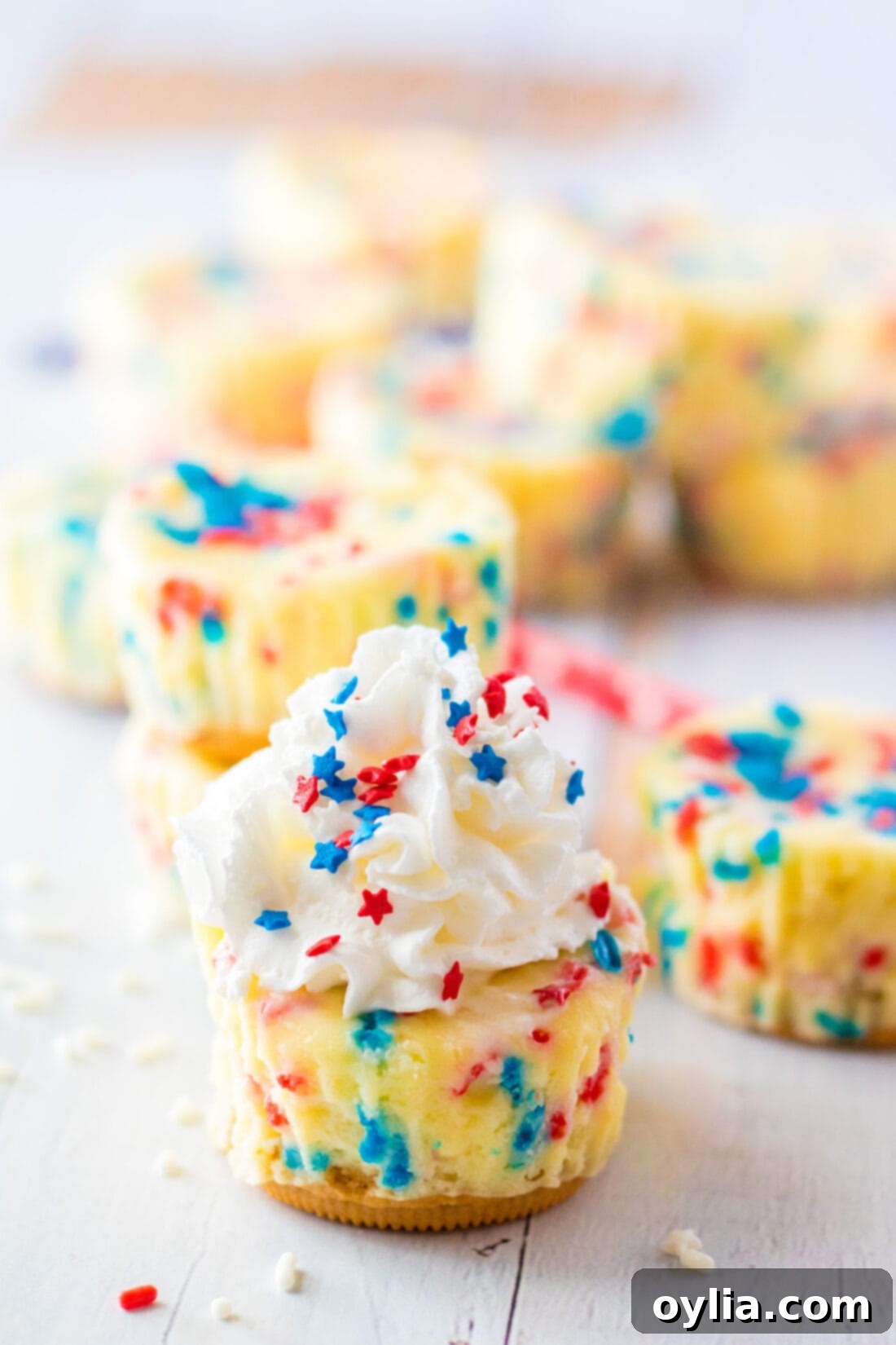 A close-up view of a Patriotic Mini Cheesecake, perfectly portioned and topped with vibrant red, white, and blue sprinkles, ready for a Fourth of July celebration.