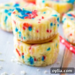 Close up photo of a stack of two Patriotic Mini Cheesecakes, beautifully garnished and ready to be enjoyed.