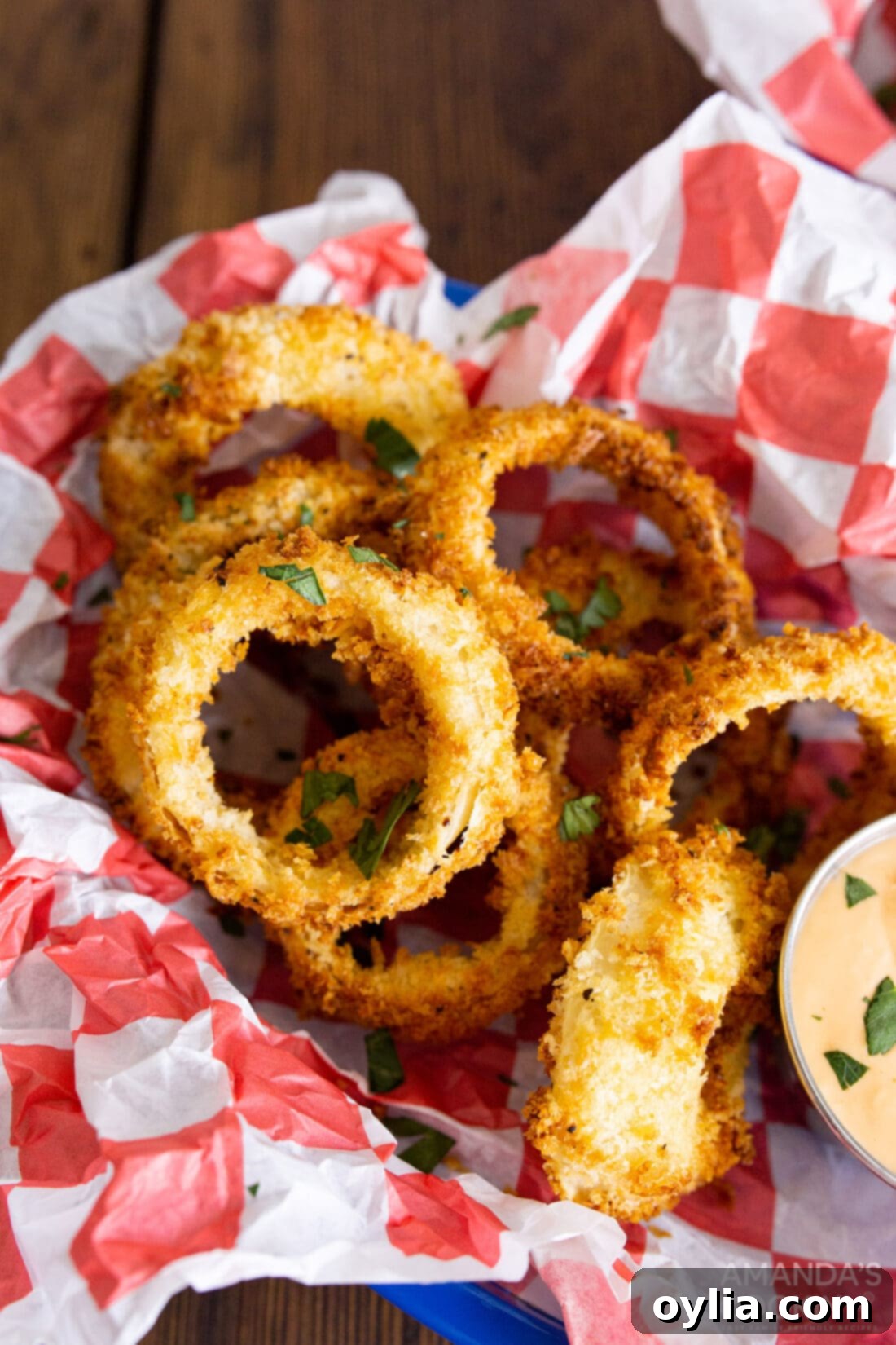 Air Fryer Onion Rings in a basket, perfectly golden and crispy