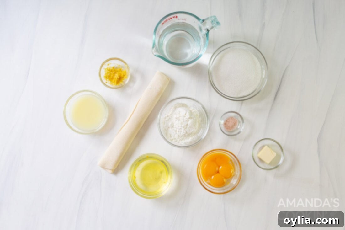 Individual ingredients for lemon meringue pie laid out