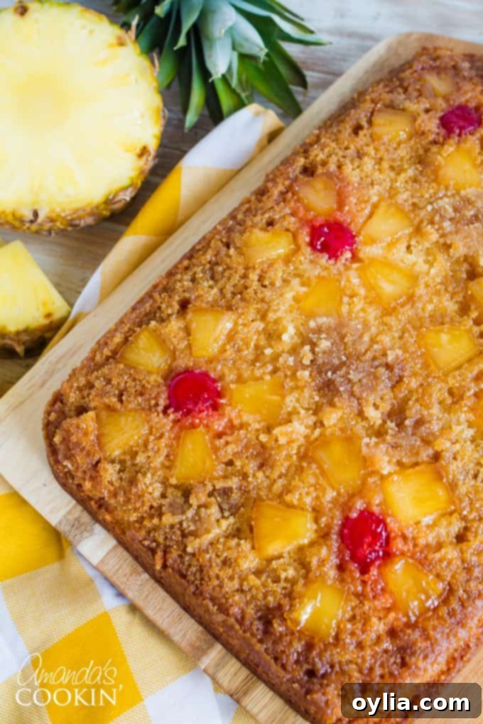 Close-up of Pineapple Upside Down Cake showcasing the caramelized fruit topping