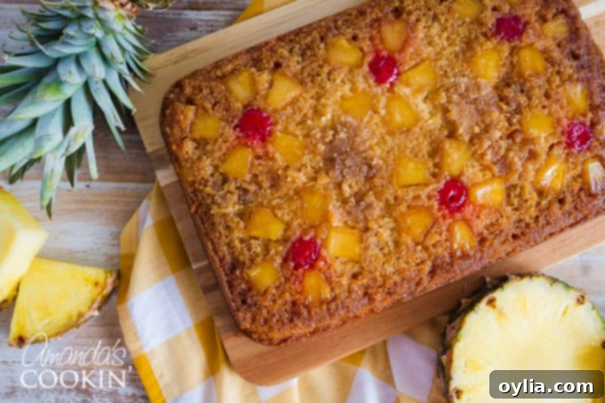 Horizontal image of the prepared Pineapple Upside Down Cake before baking