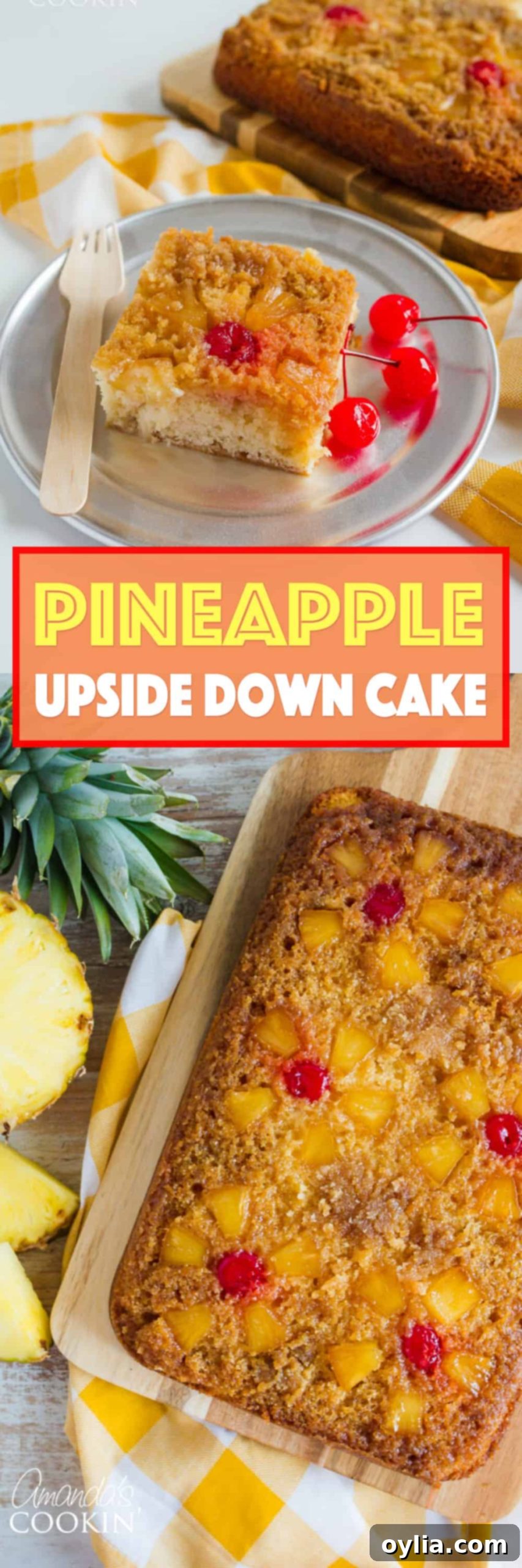 Vertical Pinterest image for Pineapple Upside Down Cake, showing a full cake with pineapple and cherries