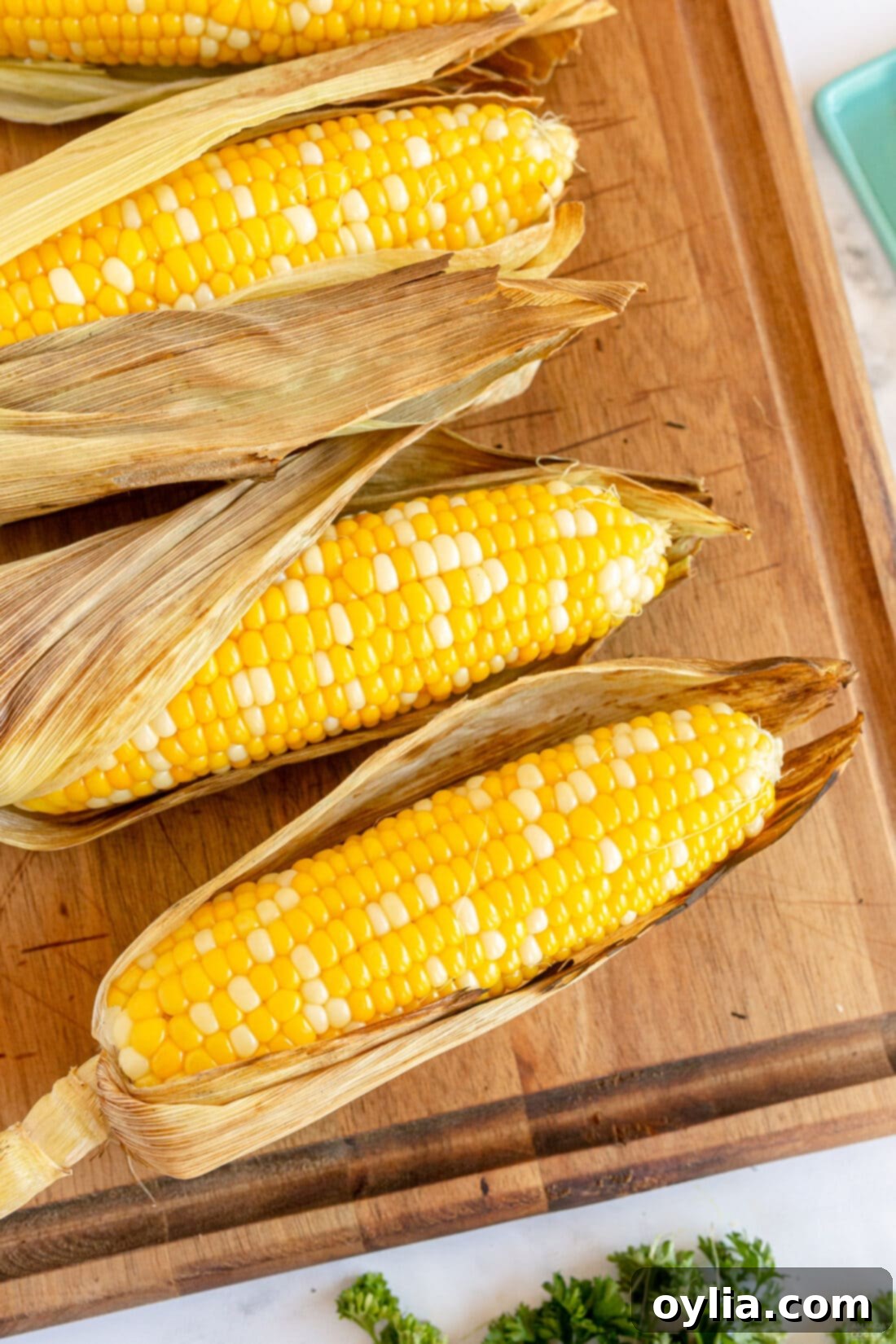 Perfect Grilled Corn 3 Grilled Corn on the Cob with husks on, ready for the grill