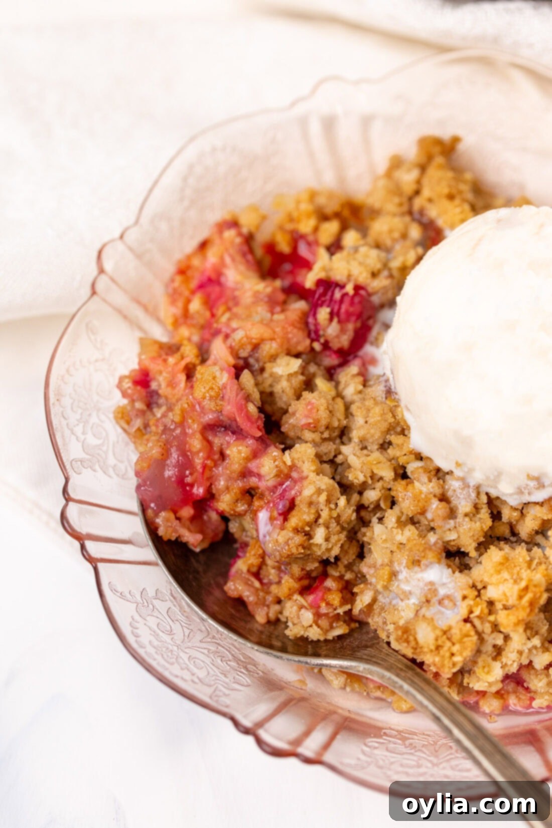 rhubarb crisp in a pink bowl with ice cream
