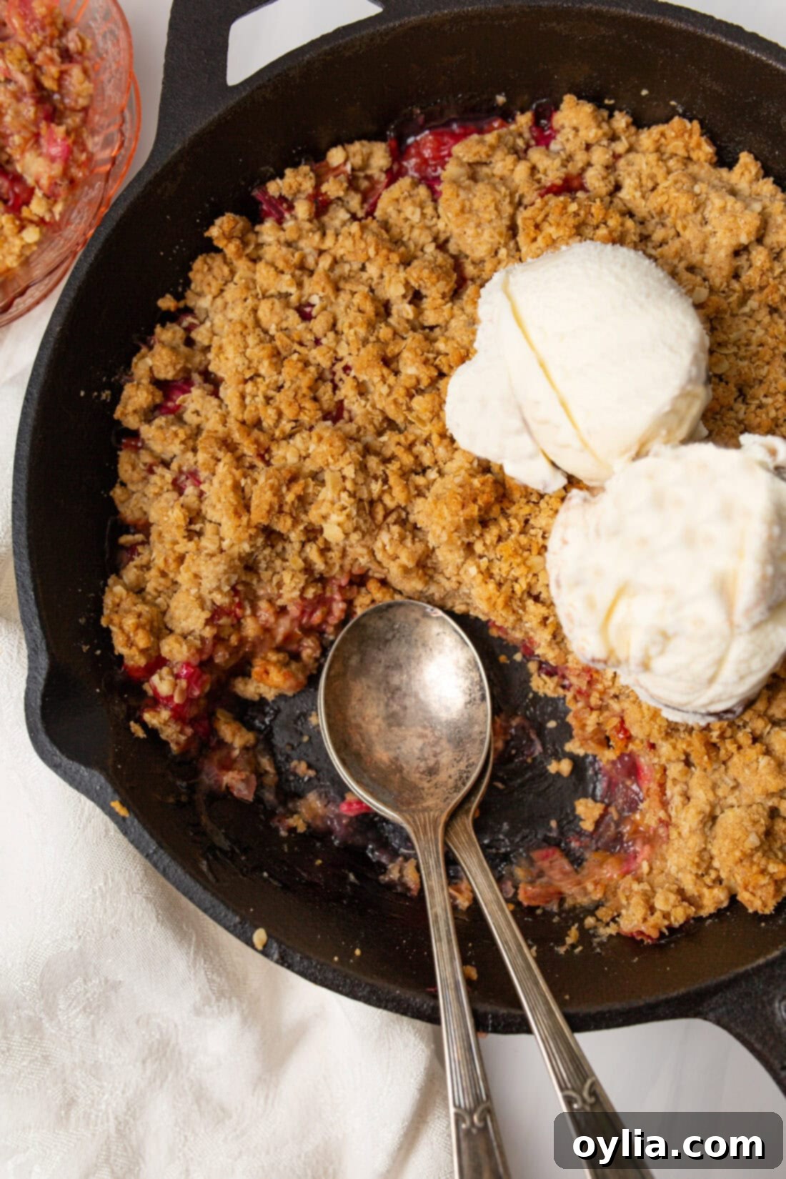 rhubarb crisp in a cast iron skillet
