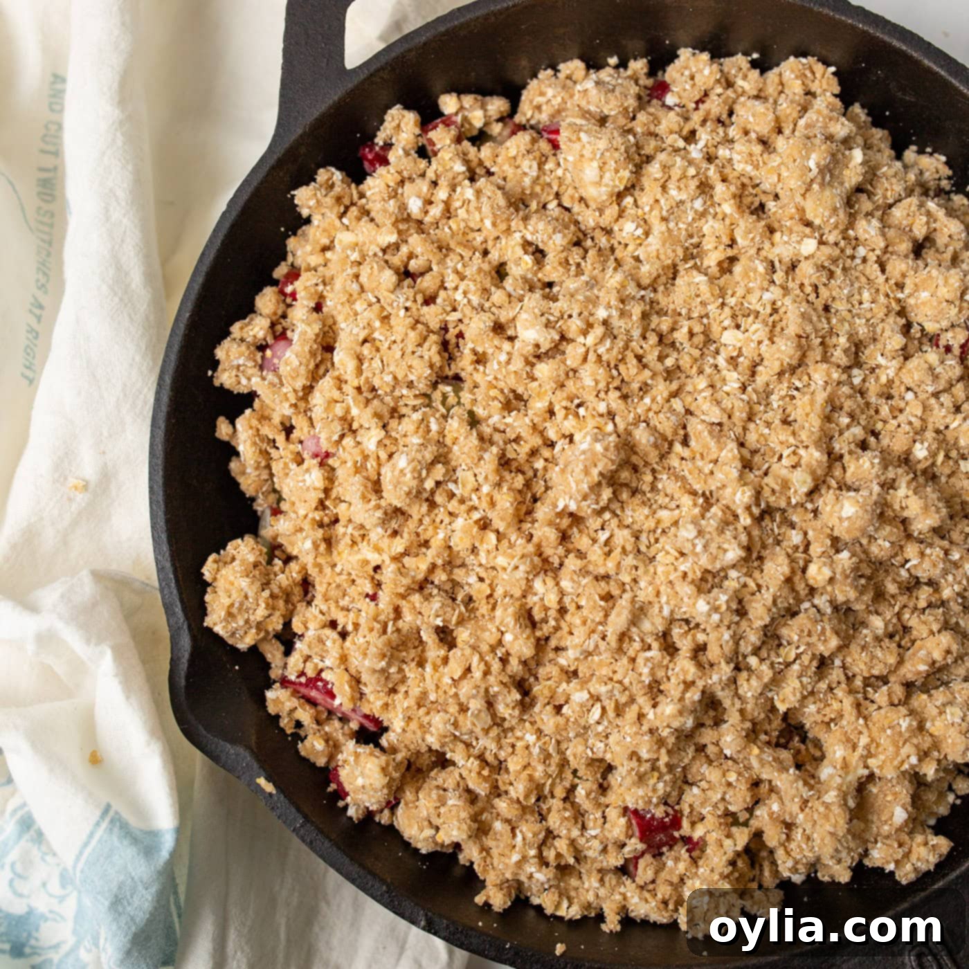 Rhubarb Crisp in a cast iron skillet