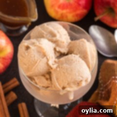 Close up photo of scoops of Apple Cider Ice Cream in a sundae dish, garnished and ready to enjoy.