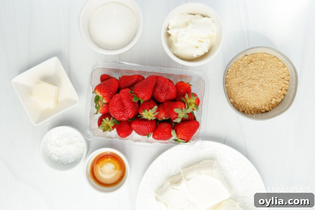 A flat lay photo showing all the ingredients required to make Instant Pot Strawberry Cheesecake, including cream cheese, strawberries, graham crackers, and eggs.