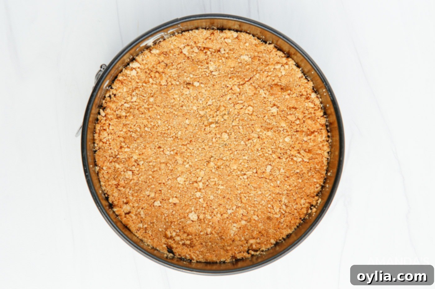 Graham cracker crust tightly pressed into a 7-inch springform pan, ready for the freezer.