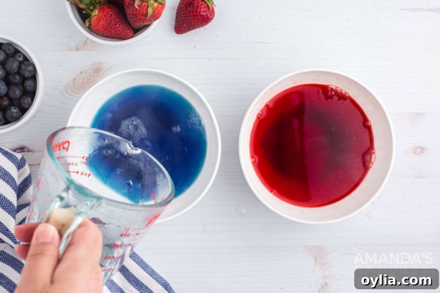 Mixing boiling and ice water into blue and red jello powder