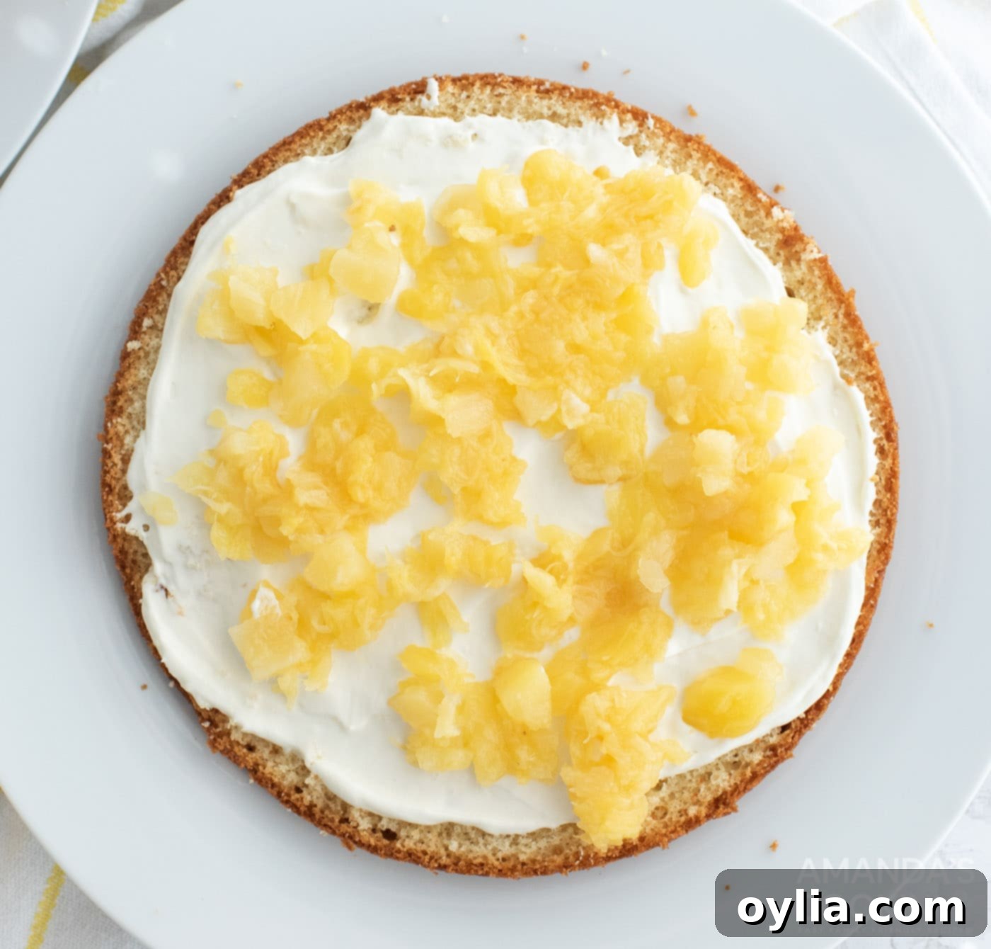 Crushed pineapple sprinkled generously over a layer of creamy filling on a cake base.