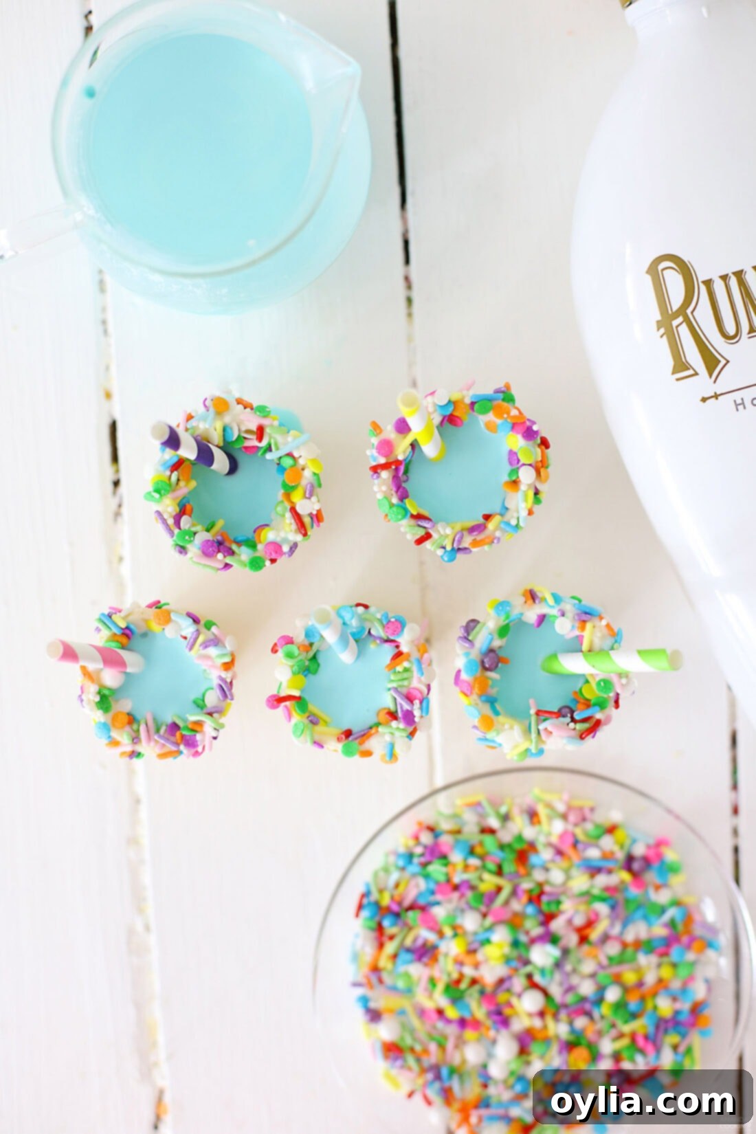 Overhead view of multiple Ice Cream Cone RumChata Shots with colorful sprinkles